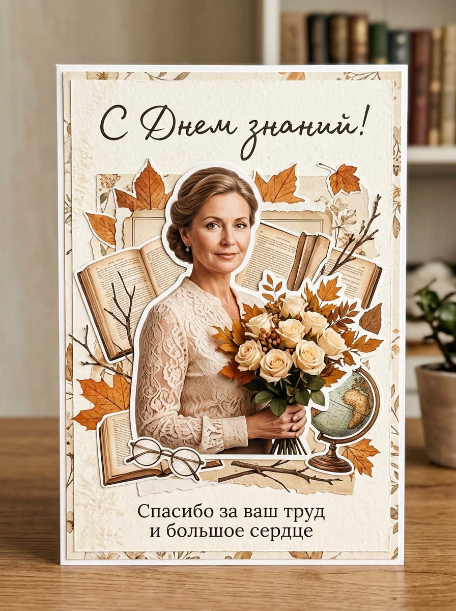 Открытка «Учительница с букетом»