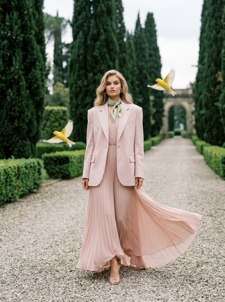 Розовое платье в тосканском саду: fashion-съёмка среди кипарисов