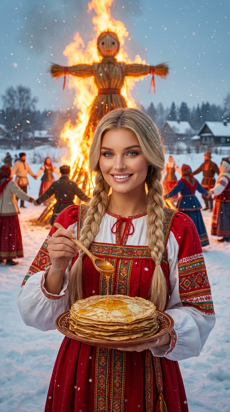 На фоне горящего чучела
