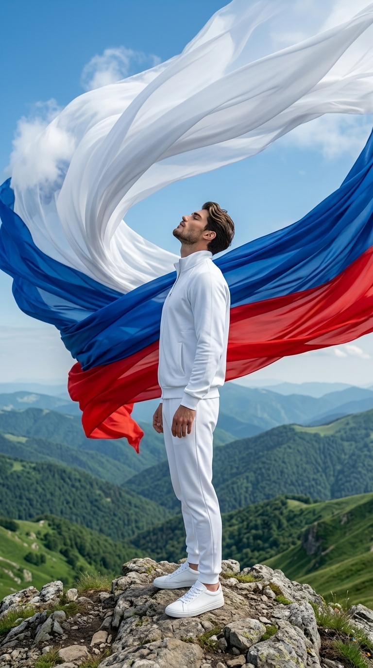 В горах на фоне развивающегося флага